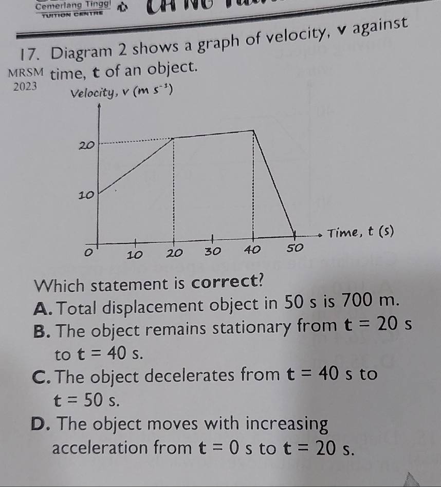 Cmerlang Tingg
tuition centre
17. Diagram 2 shows a graph of velocity, v against
MRSM time, t of an object.
2023 Velocity, V(ms^(-1))
t(s)
Which statement is correct?
A. Total displacement object in 50 s is 700 m.
B. The object remains stationary from t=20s
to t=40s.
C. The object decelerates from t=40 s to
t=50s.
D. The object moves with increasing
acceleration from t=0 . s to t=20s.