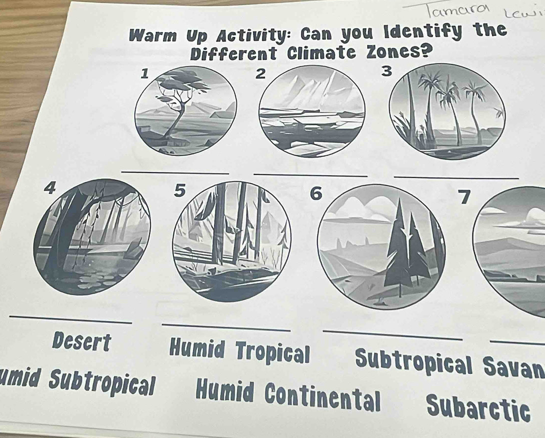 Warm Up Activity: Can you Identify the
Different Climate Zones?
_
_
_
_
_
Desert Humid Tropical Subtropical Savan
umid Subtropical Humid Continental Subarctic