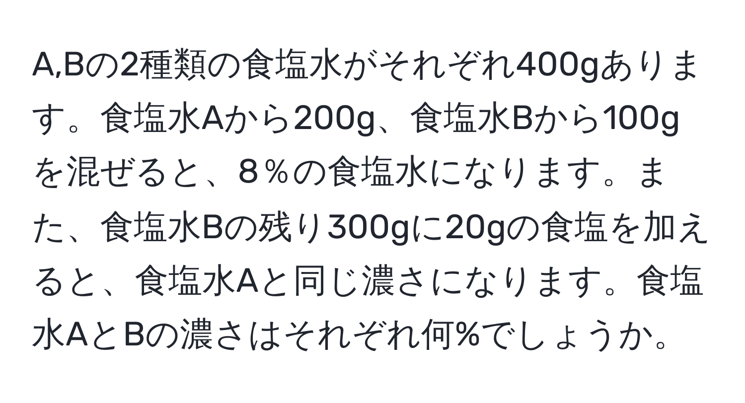 A,Bの2種類の食塩水がそれぞれ400gあります。食塩水Aから200g、食塩水Bから100gを混ぜると、8％の食塩水になります。また、食塩水Bの残り300gに20gの食塩を加えると、食塩水Aと同じ濃さになります。食塩水AとBの濃さはそれぞれ何%でしょうか。