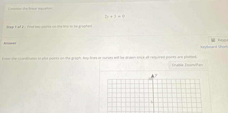 Consider the linear equation:
2y+3=0
Step 1 of 2 : Find two points on the line to be graphed. 
Keypa 
Answer 
Keyboard Short 
Enter the coordinates to plot points on the graph. Any lines or curves will be drawn once all required points are plotted. 
Enable Zoom/Pan