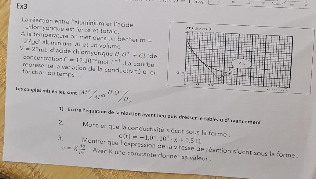 Ex3
=1.5m
20 70 50
La réaction entre l'aluminium et l'acide
chlorhydrique est lente et totale.
A la température on met dans un bécher m=
27gd' aluminium A1 et un volume
V=20mL d'acide chlorhydrique H_3O^++Cl^- de
concentration C=12.10^(-3)mol.L^(-1).La courbe
représente la variation de la conductivité σ en
fonction du temps . 
Les couples mis en jeu sont : Al^(3+)/Al^((et)^(H.O^+))/H_2
1) Ecrire l'équation de la réaction ayant lieu puis dresser le tableau d’avancement
2.  Montrer que la conductivité s'écrit sous la forme :
sigma (t)=-1,01.10^4· x+0.511
3.  Montrer que l'expression de la vitesse de réaction s'ecrit sous la forme :
v=K dsigma /dt . Avec K une constante donner sa valeur .