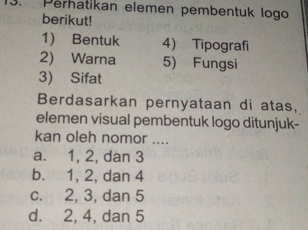 Perhatikan elemen pembentuk logo
berikut!
1) Bentuk 4) Tipografi
2) Warna 5) Fungsi
3) Sifat
Berdasarkan pernyataan di atas,
elemen visual pembentuk logo ditunjuk-
kan oleh nomor ....
a. 1, 2, dan 3
b. 1, 2, dan 4
c. 2, 3, dan 5
d. 2, 4, dan 5