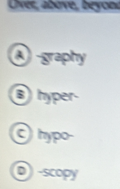 Over, abève, beyon
-graphy
③ hyper-
hypo
0 -scopy