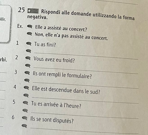 Rispondi alle domande utilizzando la forma 
illir, negativa. 
Ex. Elle a assisté au concert? 
Non, elle n'a pas assisté au concert. 
1 Tu as fini? 
_ 
rbi. 2 Vous avez eu froid? 
_ 
_3 Ils ont rempli le formulaire? 
_ 
_ 
4 Elle est descendue dans le sud? 
5 Tu es arrivée à l'heure? 
_ 
6 Ils se sont disputés? 
_