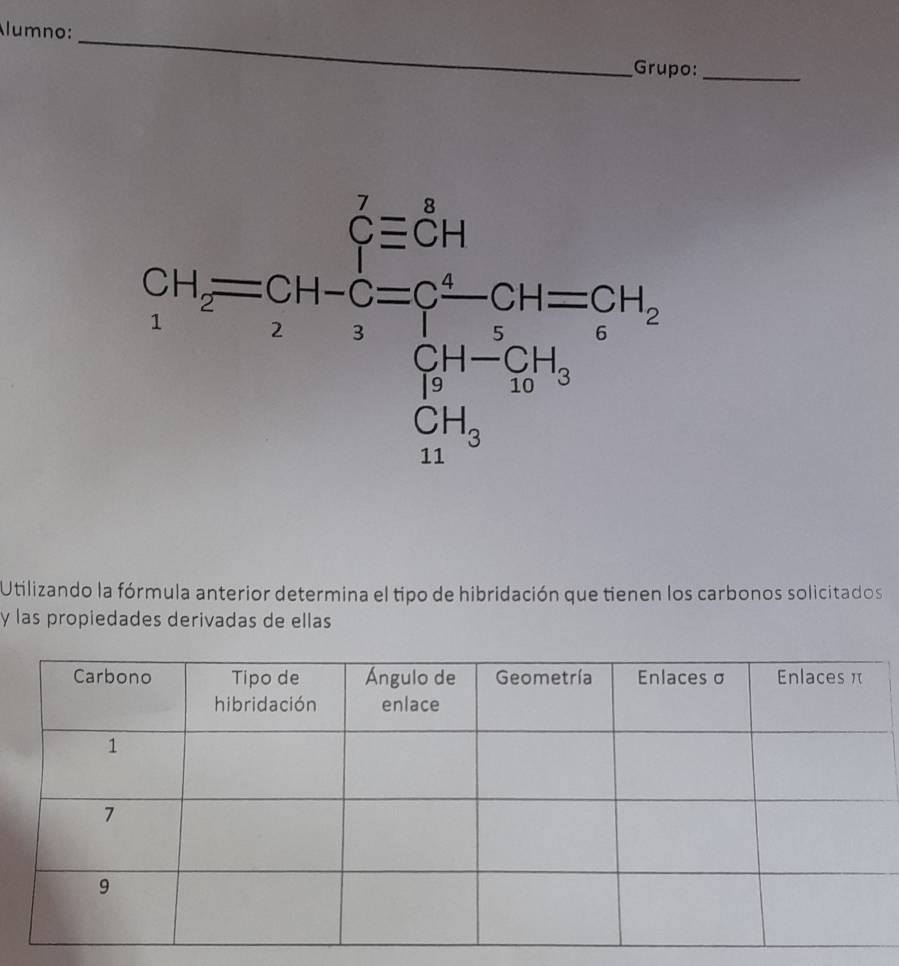 lumno:_
Grupo:_
Utilizando la fórmula anterior determina el tipo de hibridación que tienen los carbonos solicitados
y las propiedades derivadas de ellas