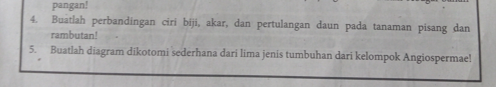 pangan! 
4. Buatlah perbandingan ciri biji, akar, dan pertulangan daun pada tanaman pisang dan 
rambutan! 
5. Buatlah diagram dikotomi sederhana dari lima jenis tumbuhan dari kelompok Angiospermae!