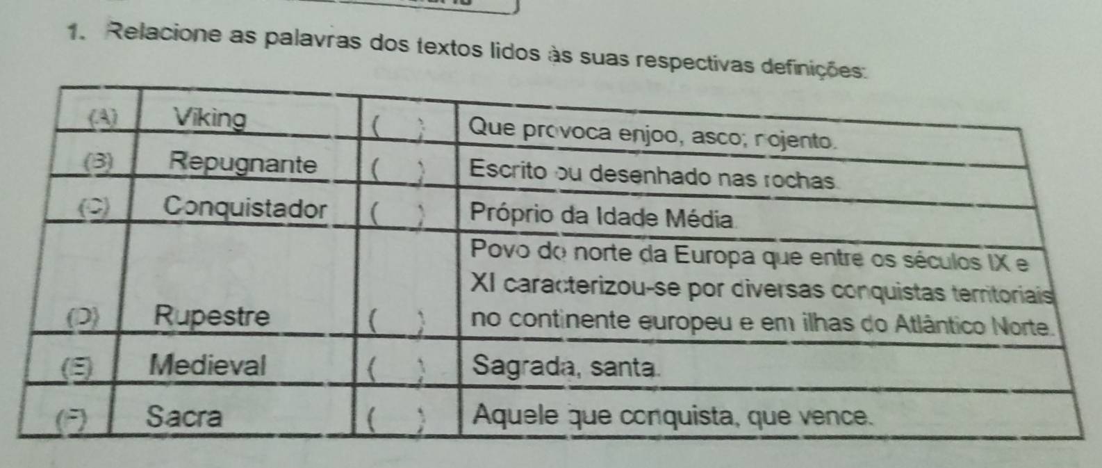 Relacione as palavras dos textos lidos às suas respectivas defini