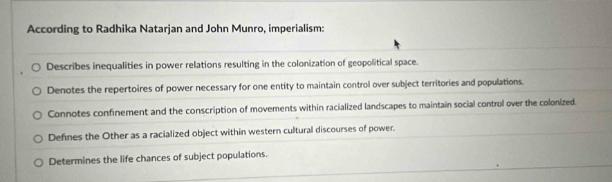 According to Radhika Natarjan and John Munro, imperialism:
Describes inequalities in power relations resulting in the colonization of geopolitical space.
Denotes the repertoires of power necessary for one entity to maintain control over subject territories and populations.
Connotes confinement and the conscription of movements within racialized landscapes to maintain social control over the colonized.
Defnes the Other as a racialized object within western cultural discourses of power.
Determines the life chances of subject populations.