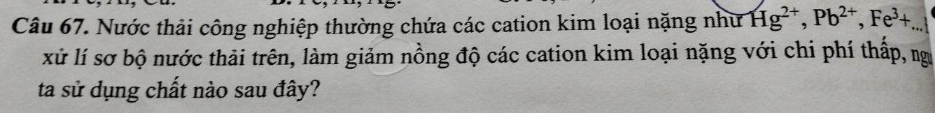 Nước thải công nghiệp thường chứa các cation kim loại nặng như Hg^(2+), Pb^(2+), Fe^3+.. _ 
xử lí sơ bộ nước thải trên, làm giảm nồng độ các cation kim loại nặng với chi phí thấp, ng 
ta sử dụng chất nào sau đây?