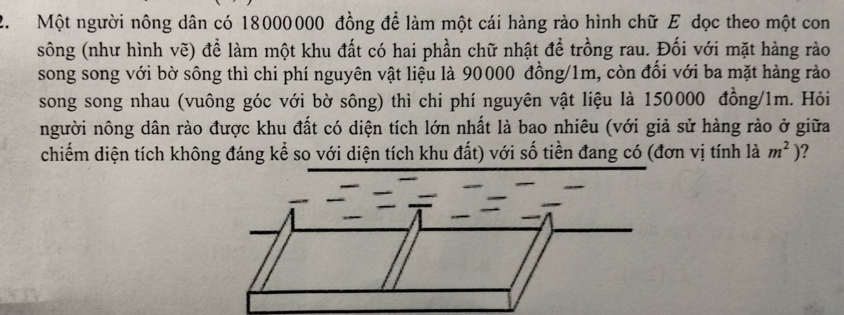 Một người nông dân có 18000000 đồng để làm một cái hàng rào hình chữ E dọc theo một con 
sông (như hình vẽ) để làm một khu đất có hai phần chữ nhật để trồng rau. Đối với mặt hàng rào 
song song với bờ sông thì chi phí nguyên vật liệu là 90000 đồng/ 1m, còn đổi với ba mặt hàng rào 
song song nhau (vuông góc với bờ sông) thì chi phí nguyên vật liệu là 150000 đồng/ 1m. Hỏi 
người nông dân rào được khu đất có diện tích lớn nhất là bao nhiêu (với giả sử hàng rào ở giữa 
chiếm diện tích không đáng kể so với diện tích khu đất) với số tiền đang có (đơn vị tính là m^2) 2