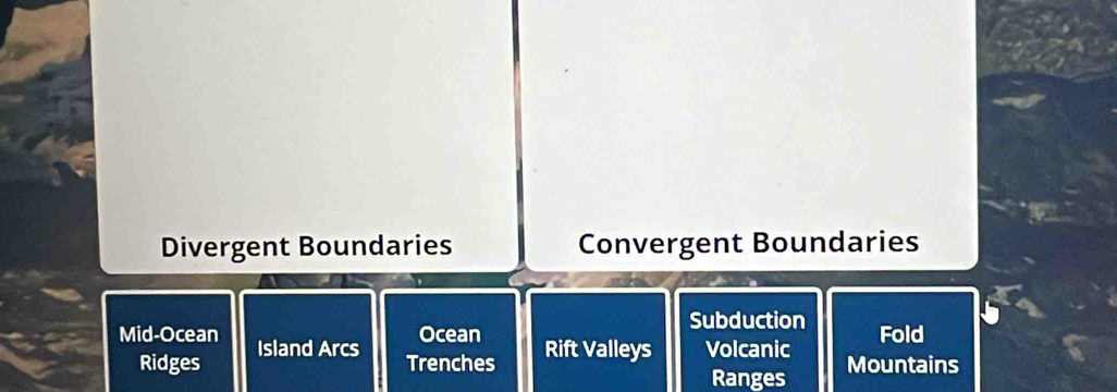 Divergent Boundaries Convergent Boundaries
Subduction
Mid-Ocean Island Arcs
Ocean Fold
Ridges Trenches Rift Valleys Volcanic Mountains
Ranges