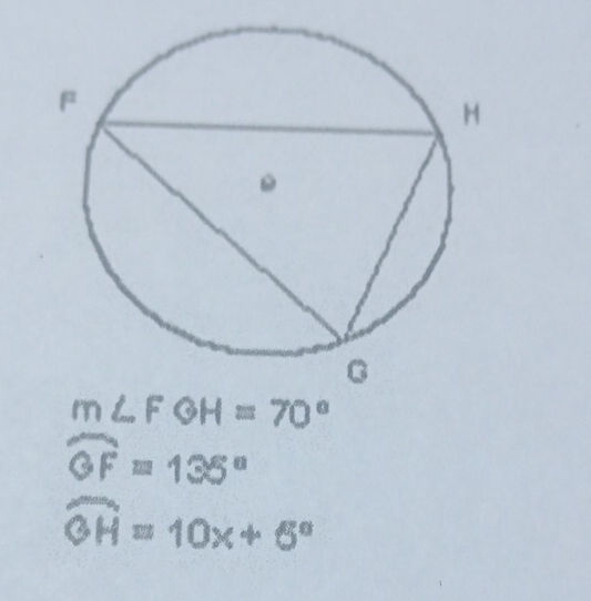 m∠ FGH=70°
widehat OF=135°
widehat OH=10x+5°