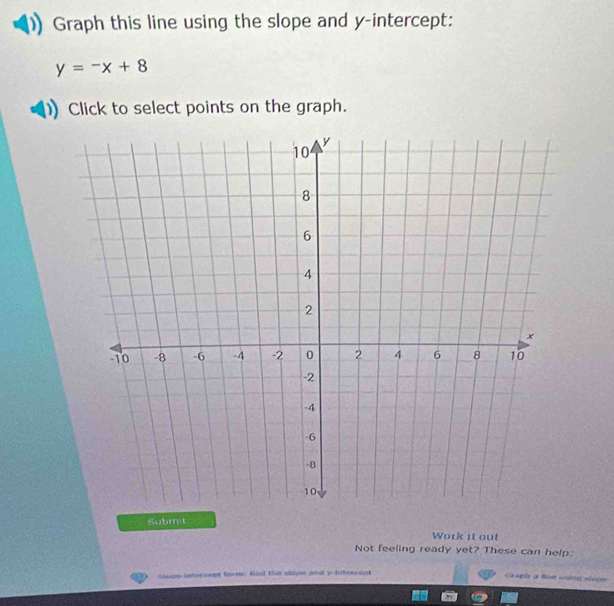 Graph this line using the slope and y-intercept:
y=-x+8
Click to select points on the graph. 
Submit 
Work it out 
Not feeling ready yet? These can help. 
eluon intereept form: fnd the siope and y intercent 
Graph a lipe usind slope