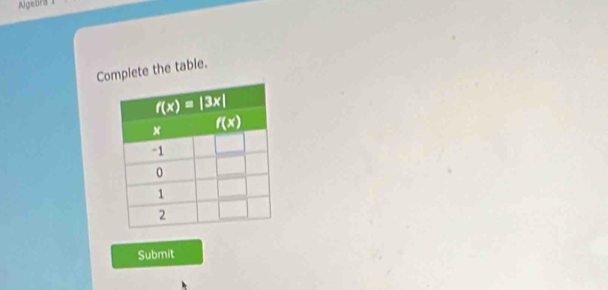 Algebra 1
Complete the table.
Submit