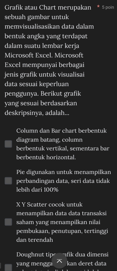 Grafik atau Chart merupakan * 5 poin 
sebuah gambar untuk 
memvisualisasikan data dalam 
bentuk angka yang terdapat 
dalam suatu lembar kerja 
Microsoft Excel. Microsoft 
Excel mempunyai berbagai 
jenis grafik untuk visualisai 
data sesuai keperluan 
penggunya. Berikut grafik 
yang sesuai berdasarkan 
deskripsinya, adalah... 
Column dan Bar chart berbentuk 
diagram batang, column 
berbentuk vertikal, sementara bar 
berbentuk horizontal. 
Pie digunakan untuk menampilkan 
perbandingan data, seri data tidak 
lebih dari 100%
X Y Scatter cocok untuk 
menampilkan data data transaksi 
saham yang menampilkan nilai 
pembukaan, penutupan, tertinggi 
dan terendah 
Doughnut tip afik dua dimensi 
yang mengga kan deret data