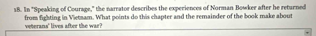 In “Speaking of Courage,” the narrator describes the experiences of Norman Bowker after he returned 
from fighting in Vietnam. What points do this chapter and the remainder of the book make about 
veterans' lives after the war?