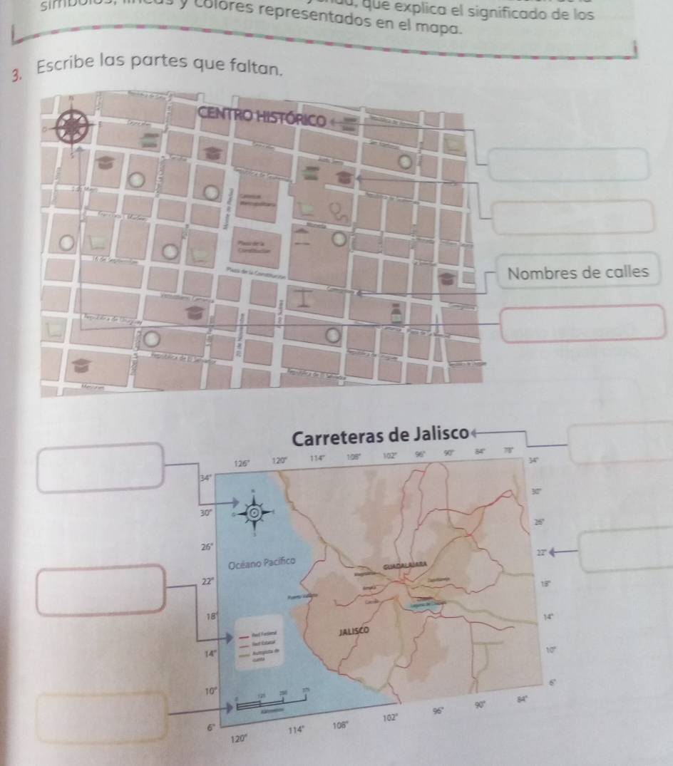 simbol
du, que explica el significado de los
y colores representados en el mapa.
3. Escribe las partes que faltan.
Nombres de calles