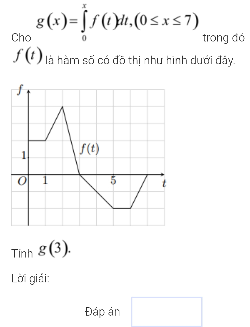 g(x)=∈tlimits _0^(xf(t)dt,(0≤ x≤ 7)
Cho trong đó
f(t) là hàm số có đồ thị như hình dưới đây.
Tính g(3).
Lời giải:
□)
Đáp án^