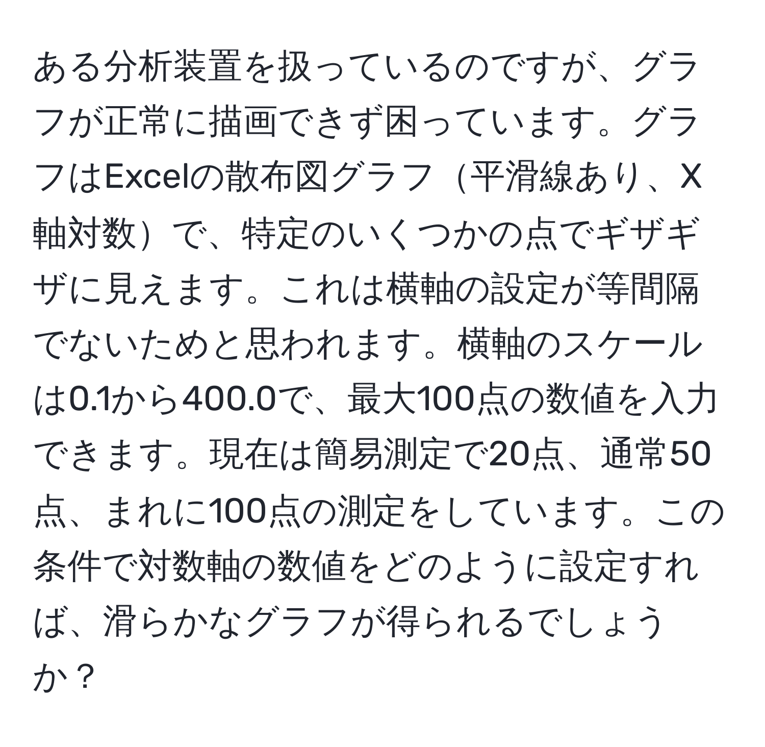 ある分析装置を扱っているのですが、グラフが正常に描画できず困っています。グラフはExcelの散布図グラフ平滑線あり、X軸対数で、特定のいくつかの点でギザギザに見えます。これは横軸の設定が等間隔でないためと思われます。横軸のスケールは0.1から400.0で、最大100点の数値を入力できます。現在は簡易測定で20点、通常50点、まれに100点の測定をしています。この条件で対数軸の数値をどのように設定すれば、滑らかなグラフが得られるでしょうか？