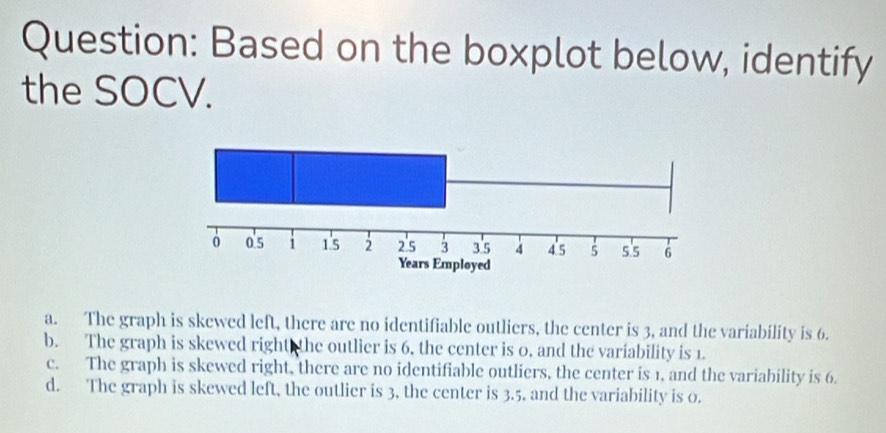 Based on the boxplot below, identify
the SOCV.
a. The graph is skewed left, there are no identifiable outliers, the center is 3, and the variability is 6.
b. The graph is skewed right the outlier is 6, the center is 0, and the variability is 1.
c. The graph is skewed right, there are no identifiable outliers, the center is 1, and the variability is 6.
d. The graph is skewed left, the outlier is 3, the center is 3.5, and the variability is 0.