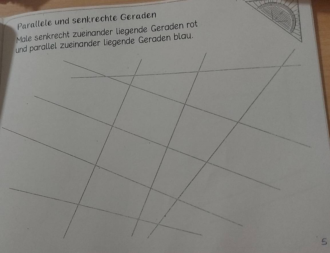 Parallele und senkrechte Geraden 
Male senkrecht zueinander liegende Geraden rot 
und parallel zueinander liegende Geraden blau. 
5