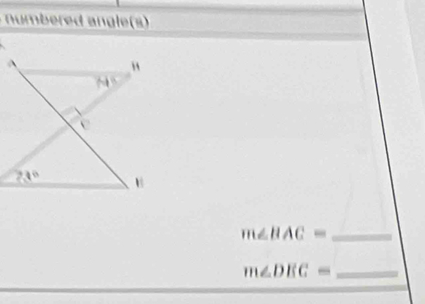 numbered angle(s)
_ m∠ BAC=
_ m∠ DEC=