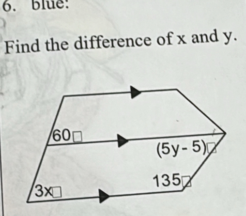 blue:
Find the difference of x and y.