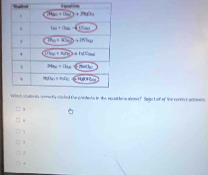 Which students correctly circled the products in the equations above? Select all of the correct arewers
3
6
1
$
2
4