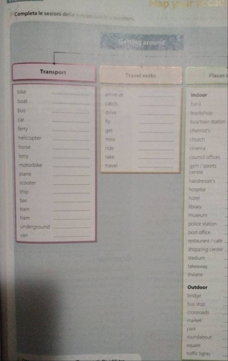 Map yair veclb
Completa le sezioni della 1os po rn le peazion.
1 
n Getting around
Transport Travel verbs Places i
bike _arrive at _Indoor
boat _catch _bank
bus _drive _bookshop
car _fly _bus/traín station
ferry __chemist's
get
helicopter __church
miss
horse _ride _cinema
lorry _take _council offices
motorbike _travel _gym / sports
plane _centre
scooter _hairdresser's
ship
_
hospital
taxi _hotel
train
_
library
tram _museum
underground _police station
van _post office
restaurant / café
shopping centre
stadium
takeaway
theatre
Outdoor
bridge
bus stop
crossroads
market
park
roundabout
square
traffic lights