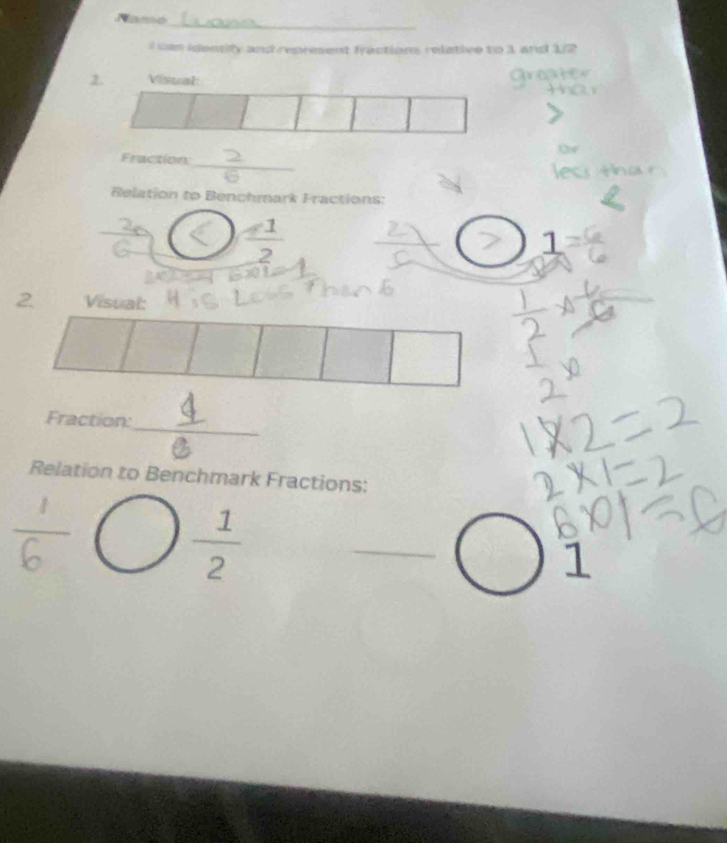 Name 
l can identify and represent fractions relative to 3 and 1/2
2. 
_ 
Fraction: 
Relation to Benchmark Fractions:
 1/2  overline C
1 
2Visual: 
_ 
Fraction: 
Relation to Benchmark Fractions:
 1/2 
_ 
1