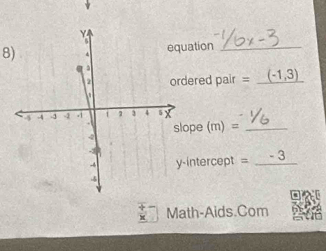 8)uation_ 
dered pair =_ (-1,3) _ 
lope (m) =_ 
-intercept =_ 
Math-Aids.Com