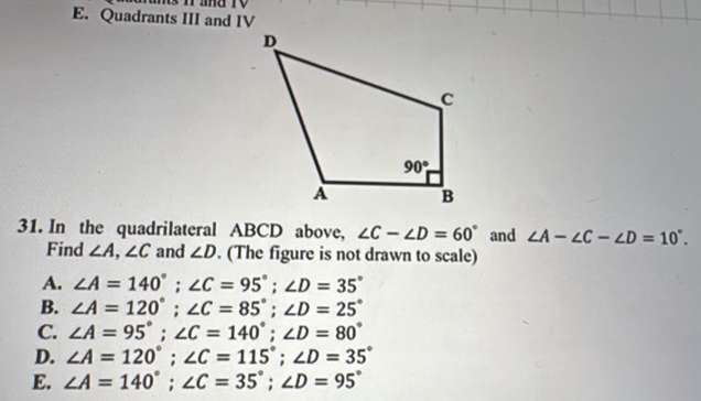 E. Quadrants III and IV
31. In the quadrilateral ABCD above, ∠ C-∠ D=60° and ∠ A-∠ C-∠ D=10°.
Find ∠ A,∠ C and ∠ D. (The figure is not drawn to scale)
A. ∠ A=140°;∠ C=95°;∠ D=35°
B. ∠ A=120°;∠ C=85°;∠ D=25°
C. ∠ A=95°;∠ C=140°;∠ D=80°
D. ∠ A=120°;∠ C=115°;∠ D=35°
E. ∠ A=140°;∠ C=35°;∠ D=95°