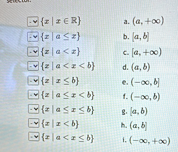 selecton
 x|x∈ R
a. (a,+∈fty )
 x|a≤ x
b. [a,b]
 x|a
C. [a,+∈fty )
 x|a d. (a,b)
 x|x≤ b
e. (-∈fty ,b]
 x|a≤ x
f. (-∈fty ,b)
 x|a≤ x≤ b g. [a,b)
 x|x
h. (a,b]
 x|a
i. (-∈fty ,+∈fty )