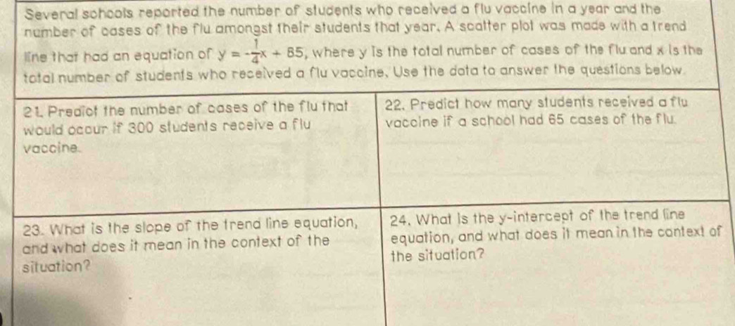 Several schools reported the number of students who received a flu vaccine in a year and the 
number of cases of the flu amongst their students that year. A scatter plot was made with a trend 
line that had an equation of y=- 1/4 x+85 , where y is the total number of cases of the flu and x is the 
total number of students who received a flu vaccine. Use the dota to answer the questions below. 
21. Predict the number of cases of the flu that 22. Predict how many students received a flu 
would ocour if 300 students receive a flu vaccine if a school had 65 cases of the flu. 
vaccine. 
23. What is the slope of the trend line equation, 24. What is the y-intercept of the trend line 
and what does it mean in the context of the equation, and what does it mean in the context of 
situation? the situation?