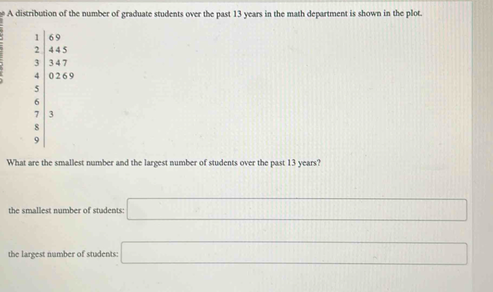 A distribution of the number of graduate students over the past 13 years in the math department is shown in the plot.
1 | 69
2
1 4 beginarrayr 445 347 026 3 hline endarray
3
5
6
7
8 | 
9
What are the smallest number and the largest number of students over the past 13 years?
the smallest number of students: □
(1000,0000,000
the largest number of students: □