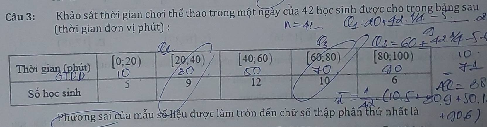 Khảo sát thời gian chơi thể thao trong một ngày của 42 học sinh được cho trọng bảng sau
(thời gian đơn vị phút) :
Phương sai của mẫu số liệu được làm tròn đến chữ số thập phân thứ nhất là