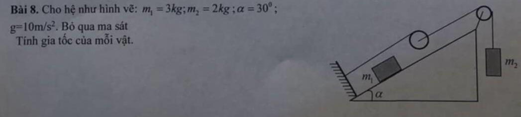 Cho hệ như hình vẽ: m_1=3kg;m_2=2kg;alpha =30^0;
g=10m/s^2. Bỏ qua ma sát
Tính gia tốc của mỗi vật.