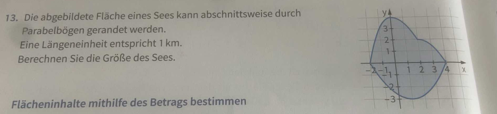 Die abgebildete Fläche eines Sees kann abschnittsweise durch 
Parabelbögen gerandet werden. 
Eine Längeneinheit entspricht 1 km. 
Berechnen Sie die Größe des Sees. 
Flächeninhalte mithilfe des Betrags bestimmen