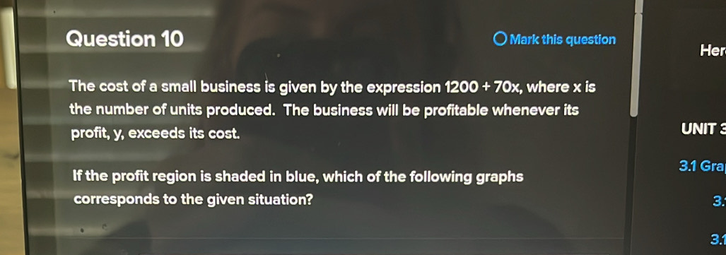 Mark this question Her 
The cost of a small business is given by the expression 1200+70x, where x is 
the number of units produced. The business will be profitable whenever its 
profit, y, exceeds its cost. UNIT 
3.1 Gra 
If the profit region is shaded in blue, which of the following graphs 
corresponds to the given situation? 3. 
3.1