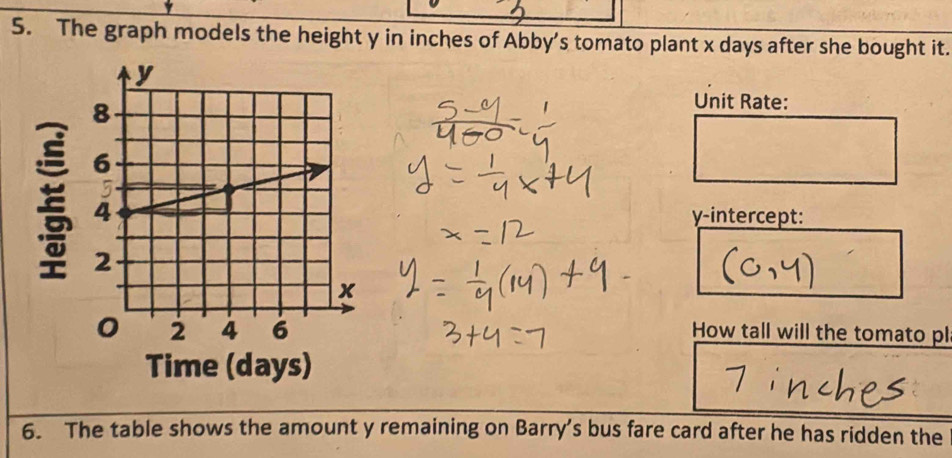 The graph models the height y in inches of Abby’s tomato plant x days after she bought it. 
Unit Rate: 
y-intercept: 
How tall will the tomato pl 
6. The table shows the amount y remaining on Barry’s bus fare card after he has ridden the