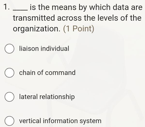 is the means by which data are
transmitted across the levels of the
organization. (1 Point)
liaison individual
chain of command
lateral relationship
vertical information system