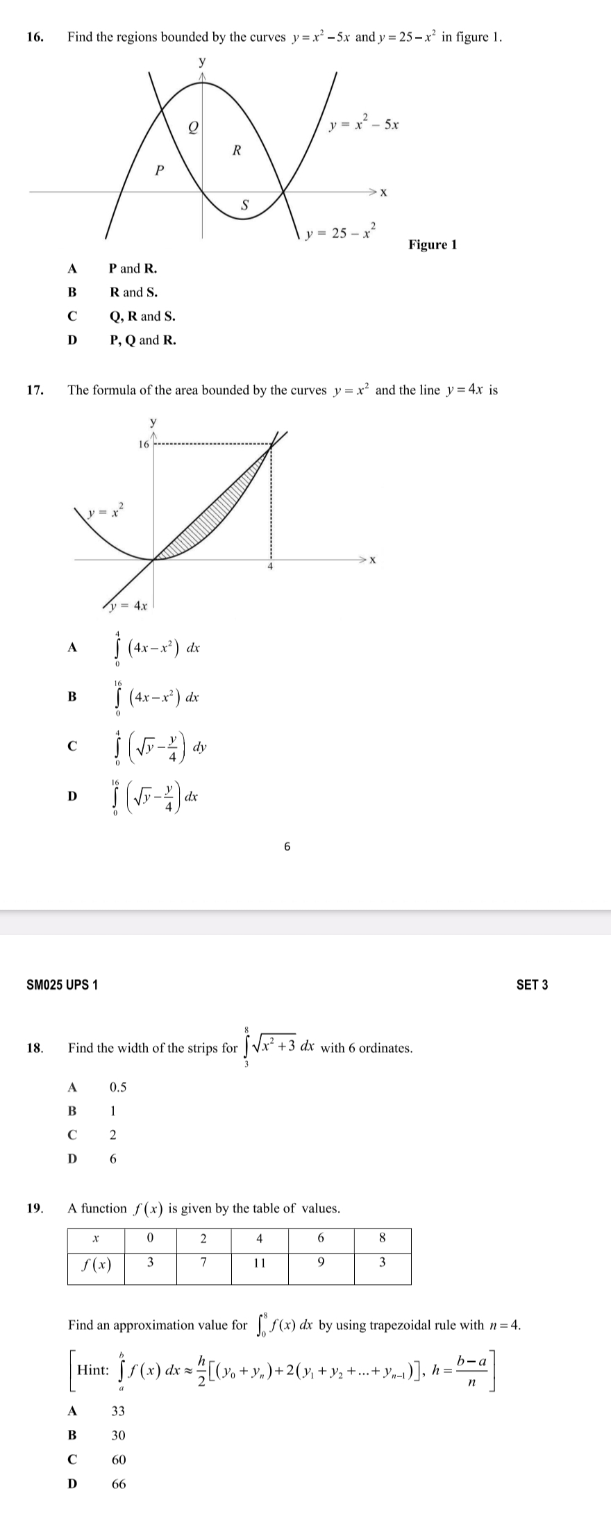 Find the regions bounded by the curves y=x^2-5x and y=25-x^2 in figure 1.
re 1
A P and R.
B R and S.
C Q, R and S.
D P, Q and R.
17. The formula of the area bounded by the curves y=x^2 and the line y=4x is
A ∈tlimits _0^(4(4x-x^2))dx
B ∈tlimits _0^((16)(4x-x^2))dx
c ∈tlimits _0^(4(sqrt(y)-frac y)4)dy
D ∈tlimits _0^((16)(sqrt(y)-frac y)4)dx
SM025 UPS 1 SET 3
18. Find the width of the strips for ∈tlimits _3^(8sqrt(x^2)+3) dx with 6 ordinates.
A₹ 0.5
B 11
C₹ 2
D 6
f(x) is given by the table of values.
Find an approximation value for ∈t _0^(8f(x) dx by using trapezoidal rule with n=4.
Hint: :∈tlimits _a^bf(x)dxapprox frac h)2[(y_0+y_n)+2(y_1+y_2+...+y_n-1)],h= (b-a)/n ]
A₹ 33
B₹ 30
C 60
D 66