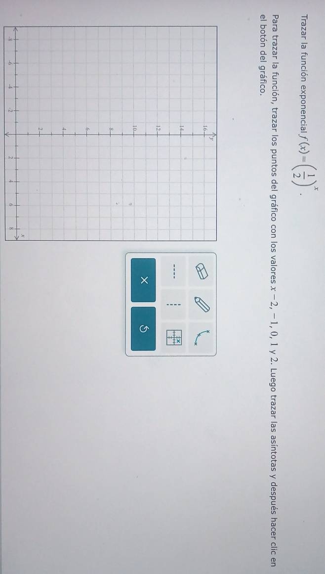 Trazar la función exponencial f(x)=( 1/2 )^x. 
Para trazar la función, trazar los puntos del gráfico con los valores x-2, -1, 0, 1 y 2. Luego trazar las asíntotas y después hacer clic en 
el botón del gráfico. 
---- 
× S
-6 -4 -2 2 4 6 8