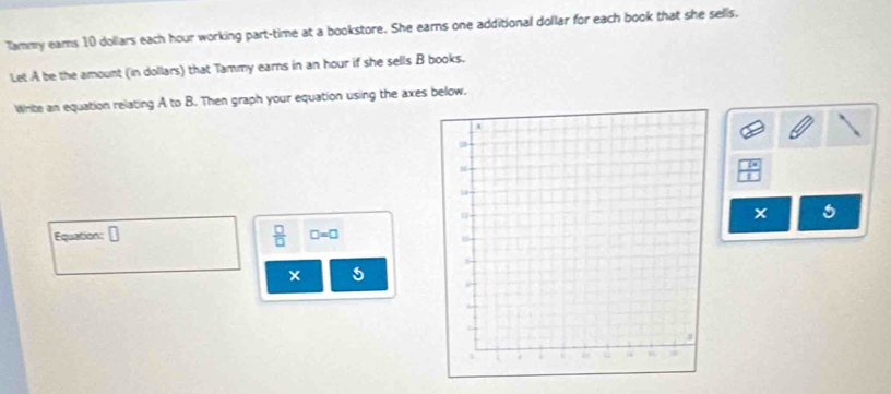 Tammy eams 10 dollars each hour working part-time at a bookstore. She earns one additional dollar for each book that she sells, 
Let A be the amount (in dollars) that Tammy earns in an hour if she sells B books. 
Write an equation relating A to B. Then graph your equation using the axes below. 
Equation: ]
 □ /□   D=□
5