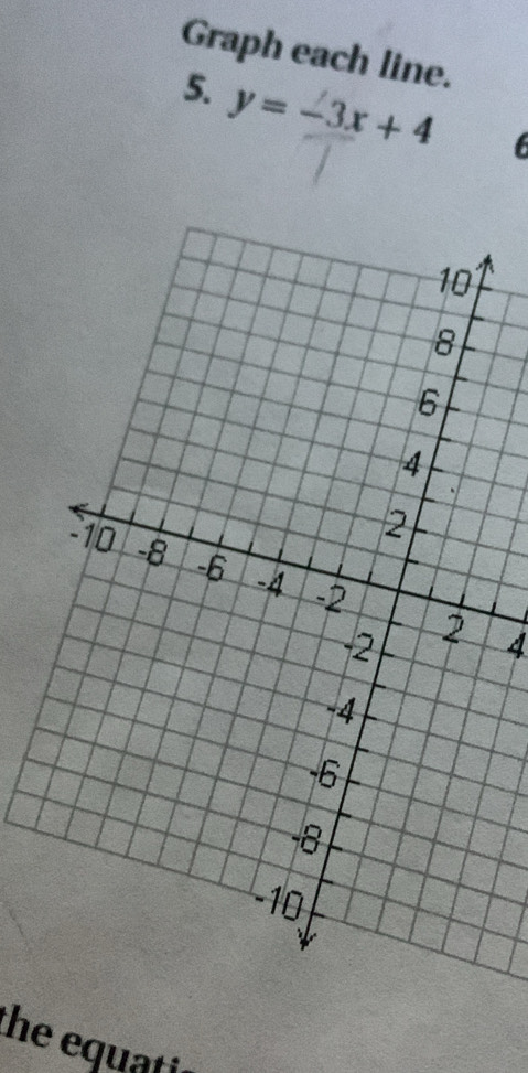 Graph each line. 
5. y=-3x+4 6 
4 
the equatic