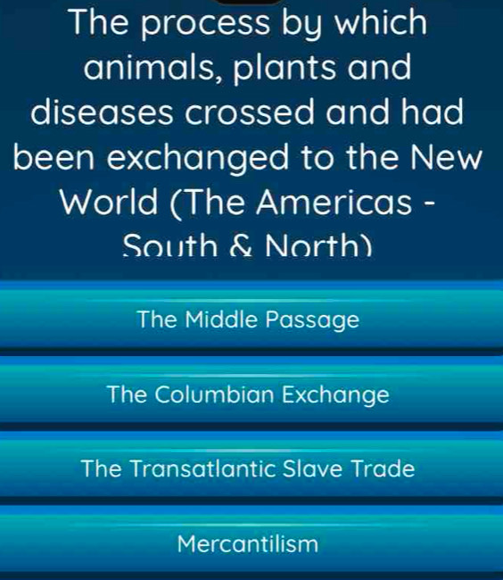 The process by which
animals, plants and
diseases crossed and had
been exchanged to the New
World (The Americas -
South & North)
The Middle Passage
The Columbian Exchange
The Transatlantic Slave Trade
Mercantilism