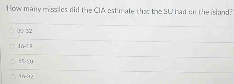 How many missiles did the CIA estimate that the SU had on the island?
30-32
16-18
15-20
16-32