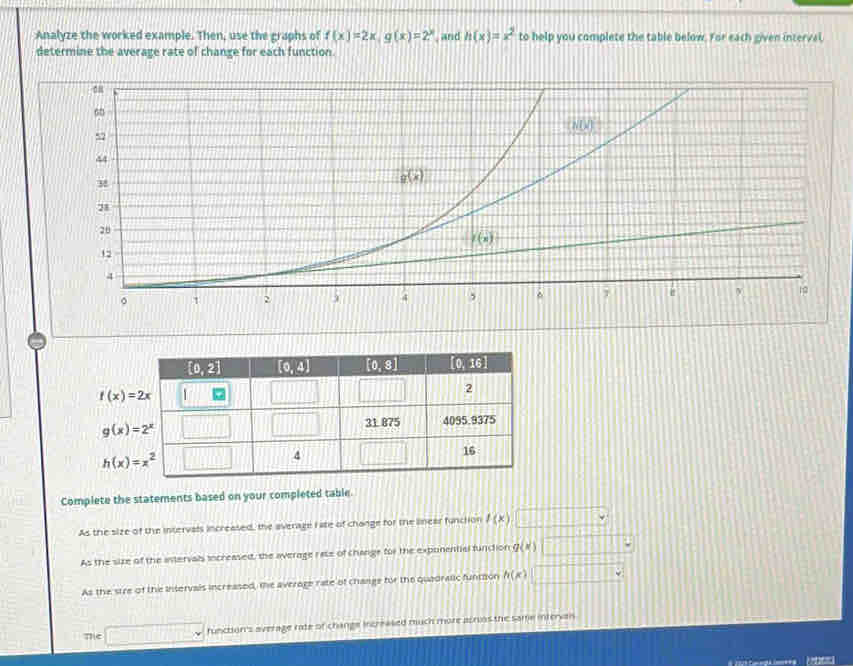 Analyze the worked example. Then, use the graphs of f(x)=2x,g(x)=2^x , and h(x)=x^2 to help you complete the table below. For each given intervel
determine the average rate of change for each function.
f(x)=2x
Complete the statements based on your completed table.
As the size of the intervals increased, the average l ate of change for the linear function t(x)□
As the size of the intervals increasedt, the average rass of change for the exponential function q(x) 7111112
As the stre of the Intervals increased, te averoge rate of change for the quadralic funtion h(x) □ □ □ □ □ □
Te □ function's average rate of change increaled much more acrias the same intervai
''