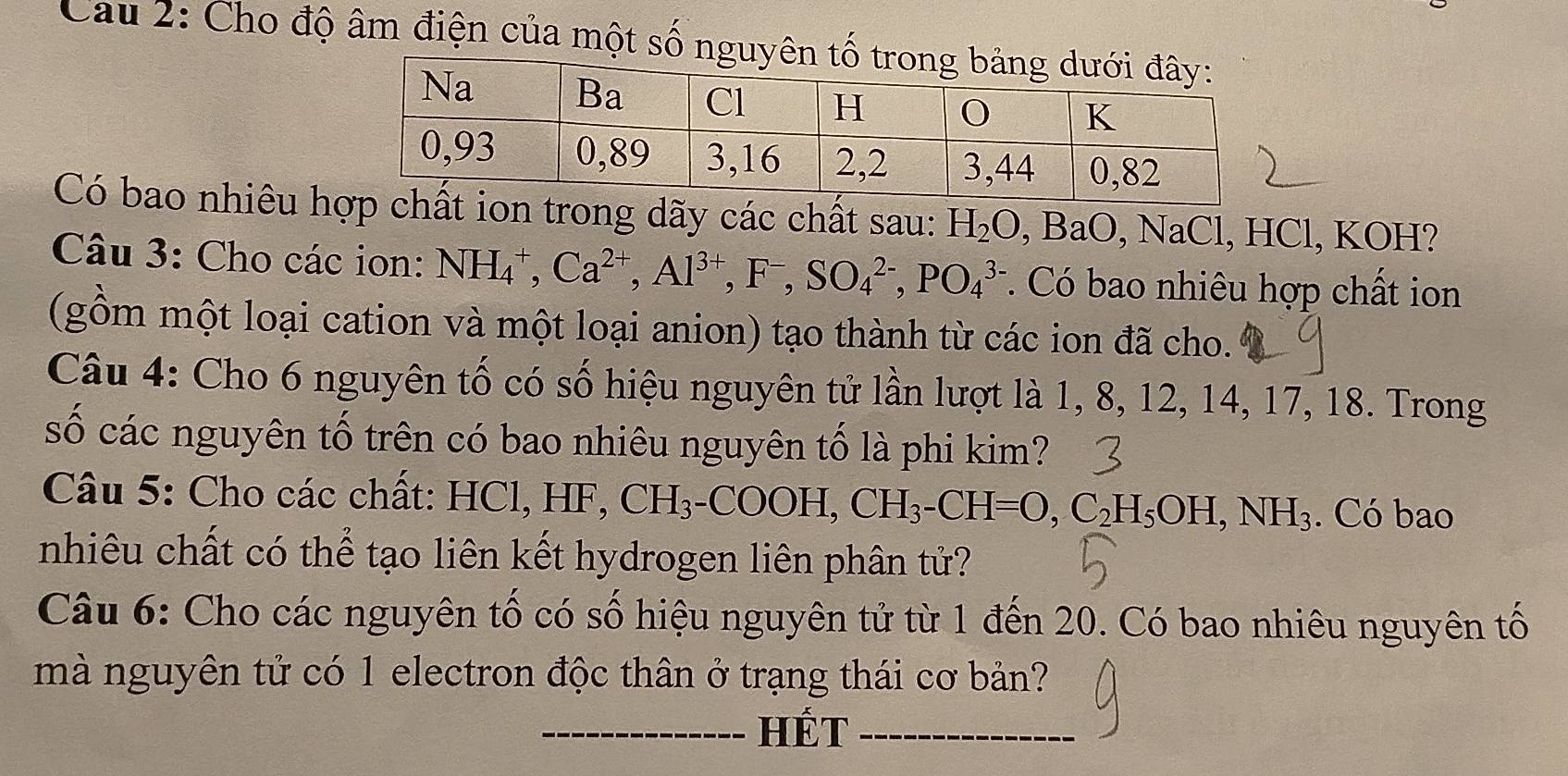 Cau 2: Cho độ âm điện của một số 
Có bao nhiêu hợp chất ion trong dãy các chất sau: H_2O, BaO, NaCl, HCl, KOH? 
Câu 3: Cho các ion: NH_4^(+, Ca^2+), Al^(3+), F^-, SO_4^((2-), PO_4^3 *. Có bao nhiêu hợp chất ion 
(gồm một loại cation và một loại anion) tạo thành từ các ion đã cho. 
Câu 4: Cho 6 nguyên tố có số hiệu nguyên tử lần lượt là 1, 8, 12, 14, 17, 18. Trong 
số các nguyên tố trên có bao nhiêu nguyên tố là phi kim? 
Câu 5: Cho các chất: HCl, HF, 1 CH 3- COC H, CH_3)-CH=O, C_2H_5OH, NH_3. Có bao 
nhiêu chất có thể tạo liên kết hydrogen liên phân tử? 
Câu 6: Cho các nguyên tố có số hiệu nguyên tử từ 1 đến 20. Có bao nhiêu nguyên tố 
mà nguyên tử có 1 electron độc thân ở trạng thái cơ bản? 
_HÉt_