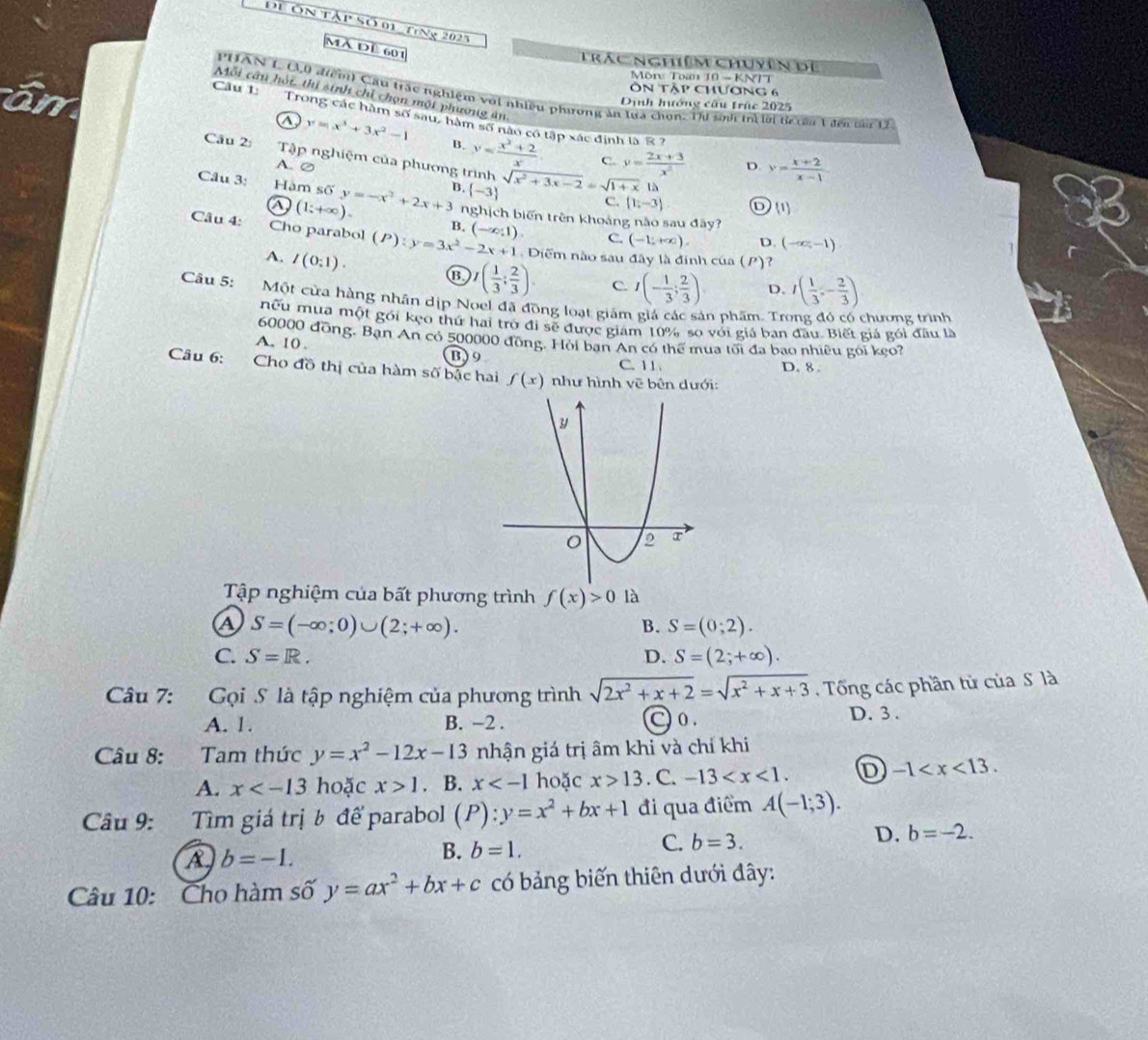Để Ôn tập số 01 ting 2025
Mã Dề 601
rác nghiêm chuyên để
an
Mön: Toan 10 - KNTT
òn tập chương 6
Mỗi câu hội, thí sinh chỉ chọn một phương ăn
PHAN L (,0 điểm) Cầu trậc nghiệm với nhiều phương ăn lựa chơn. Thi smn tnh lời t cều Lđên ma 12
Dịnh hướng câu trúc 2025
Câu 1:  Trong các hàm số sau, hàm số nào có tập xác định là 8 ?
a y=x^3+3x^2-1
B. y= (x^2+2)/x  C. y= (2x+3)/x^2 
Câu 2: Tập nghiệm của phương trình
A. ② D. y= (x+2)/x-1 
Câu 3: Hàm số y=-x^2+2x+3 B.  -3 sqrt(x^2+3x-2)=sqrt(1+x) là ① (1)
④ (1;+∈fty ).
C.  1;-3
nghịch biến trên khoảng nào sau đây?
B. (-∈fty ,1) C. (-1;+∈fty ). D. (-∈fty ,-1)
Câu 4: Cho parabol (P): y=3x^2-2x+1. Diểm nào sau đây là đinh của (P)?
A. I(0:1). B I( 1/3 : 2/3 ). C. I(- 1/3 ; 2/3 ) D. I( 1/3 ,- 2/3 )
Câu 5: Một cửa hàng nhân dịp Noel đã đồng loạt giám giá các sản phẩm. Trong đó có chương trình
nếu mụa một gói kẹo thứ hai trở đi sẽ được giám 10% so với giá ban đầu. Biết giá gói đầu là
60000 đồng. Bạn An có 500000 đồng. Hỏi ban An có thể mua tối đa bao nhiều gói kẹo?
A. 10 .
B9
C. 11 . D. 8 .
Câu 6: Cho đồ thị của hàm số bắc hai f(x) như hình vẽ bên dưới:
Tập nghiệm của bất phương trình f(x)>0 là
a S=(-∈fty ;0)∪ (2;+∈fty ).
B. S=(0;2).
C. S=R. D. S=(2;+∈fty ).
Câu 7: Gọi S là tập nghiệm của phương trình sqrt(2x^2+x+2)=sqrt(x^2+x+3).  Tổng các phần tử của S là
A. 1. B. −2 . C 0 . D.3.
Câu 8: Tam thức y=x^2-12x-13 nhận giá trị âm khi và chỉ khi
A. x hoặc x>1. B. x hoặc x>13. C. -13 D -1
Câu 9: Tìm giá trị b để parabol (P):y=x^2+bx+1 đi qua điểm A(-1;3).
A b=-1.
B. b=1.
C. b=3.
D. b=-2.
Câu 10: Cho hàm số y=ax^2+bx+c có bảng biến thiên dưới đây: